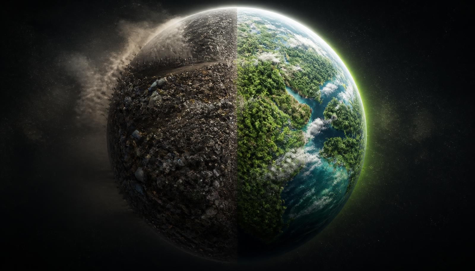 Planet Earth split in half: one hemisphere buried in waste, the other alive with forests and clean water