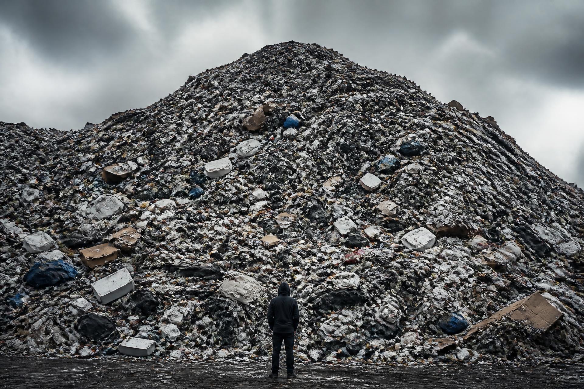A person standing at the base of an enormous mountain of discarded consumer goods