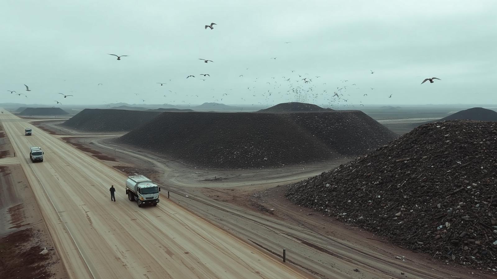 Aerial view of a landfill with a waste truck on an access road